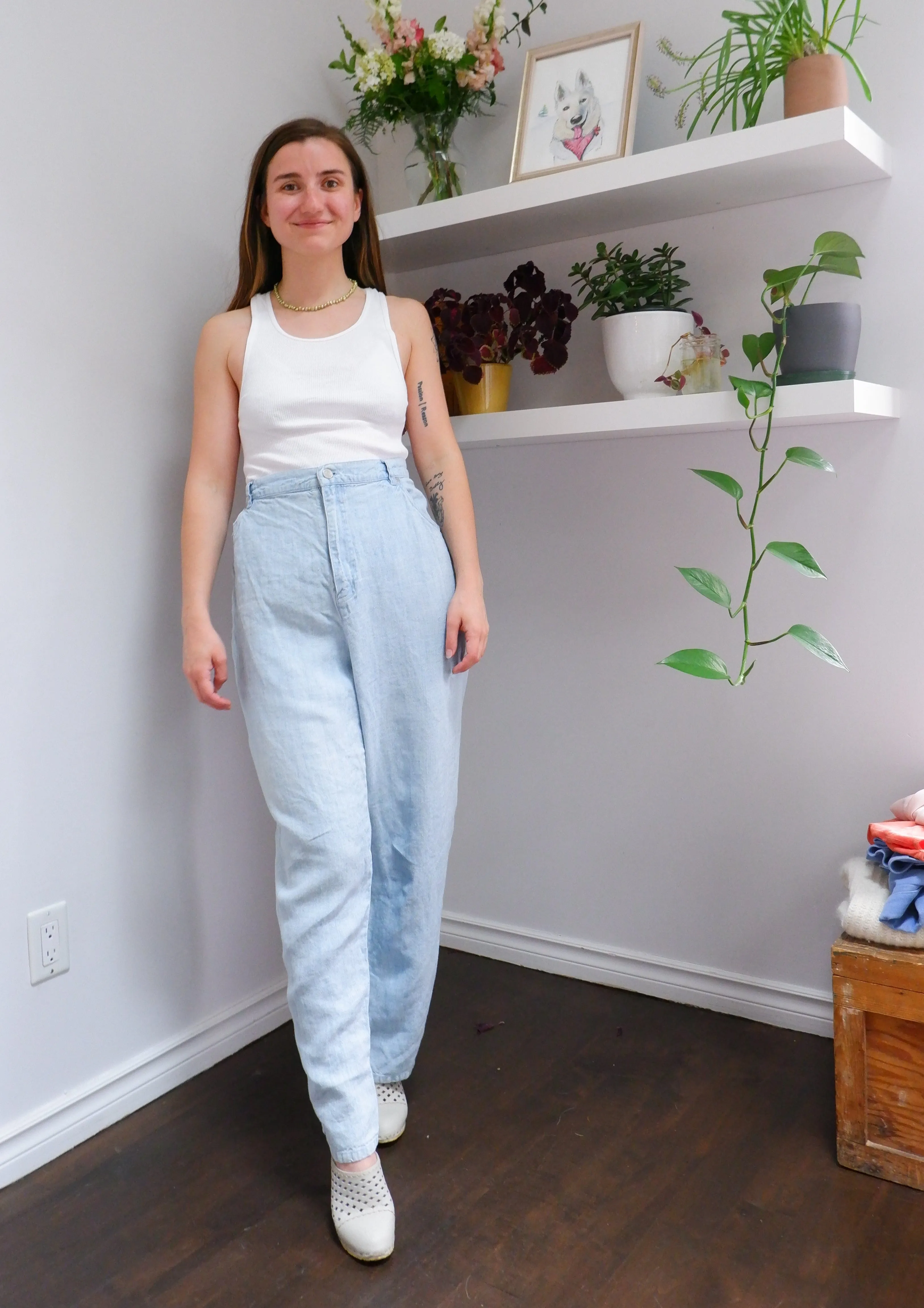 90s Light Blue 100% Linen Straight Leg Trousers - 20