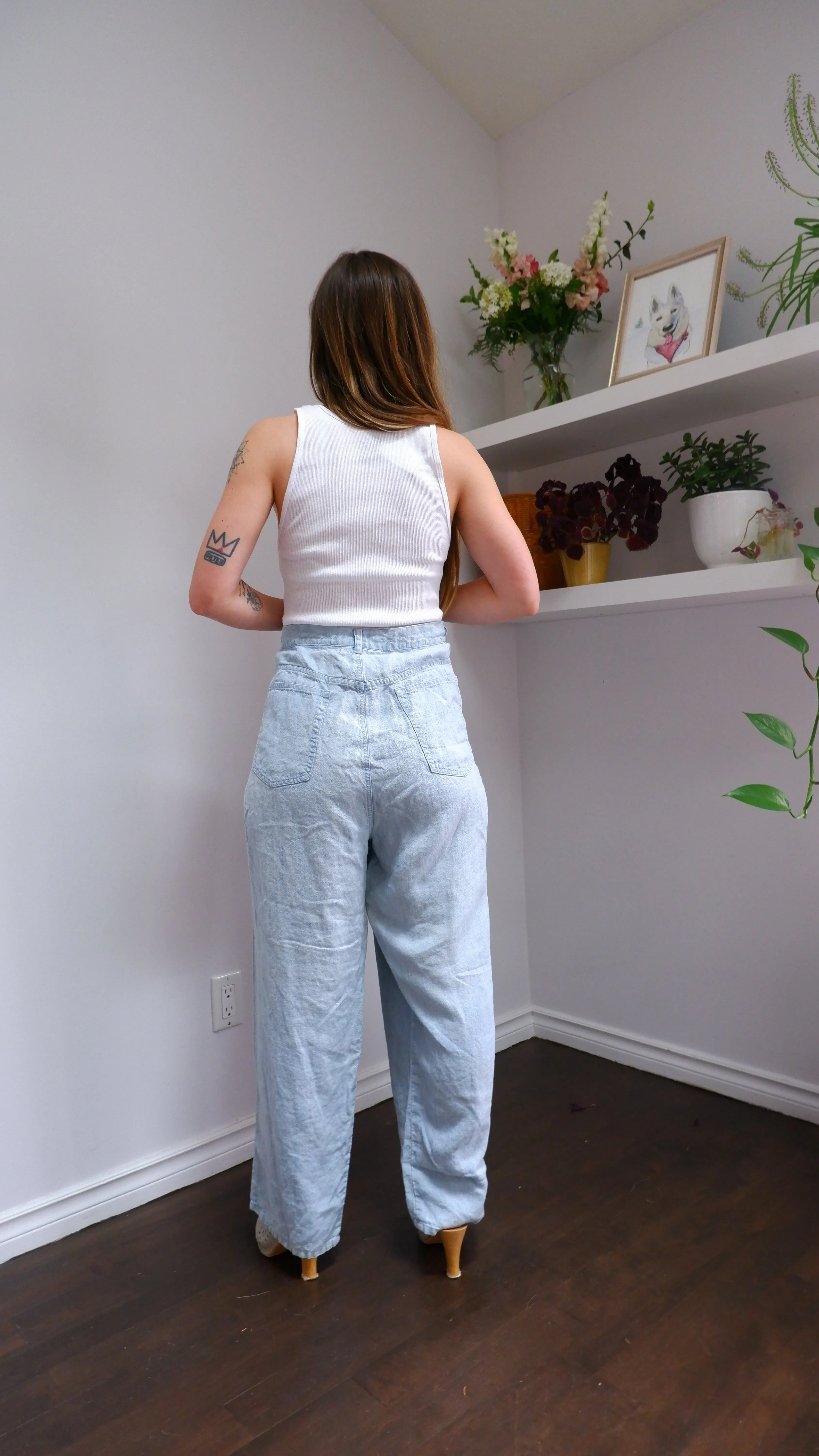 90s Light Blue 100% Linen Straight Leg Trousers - 20