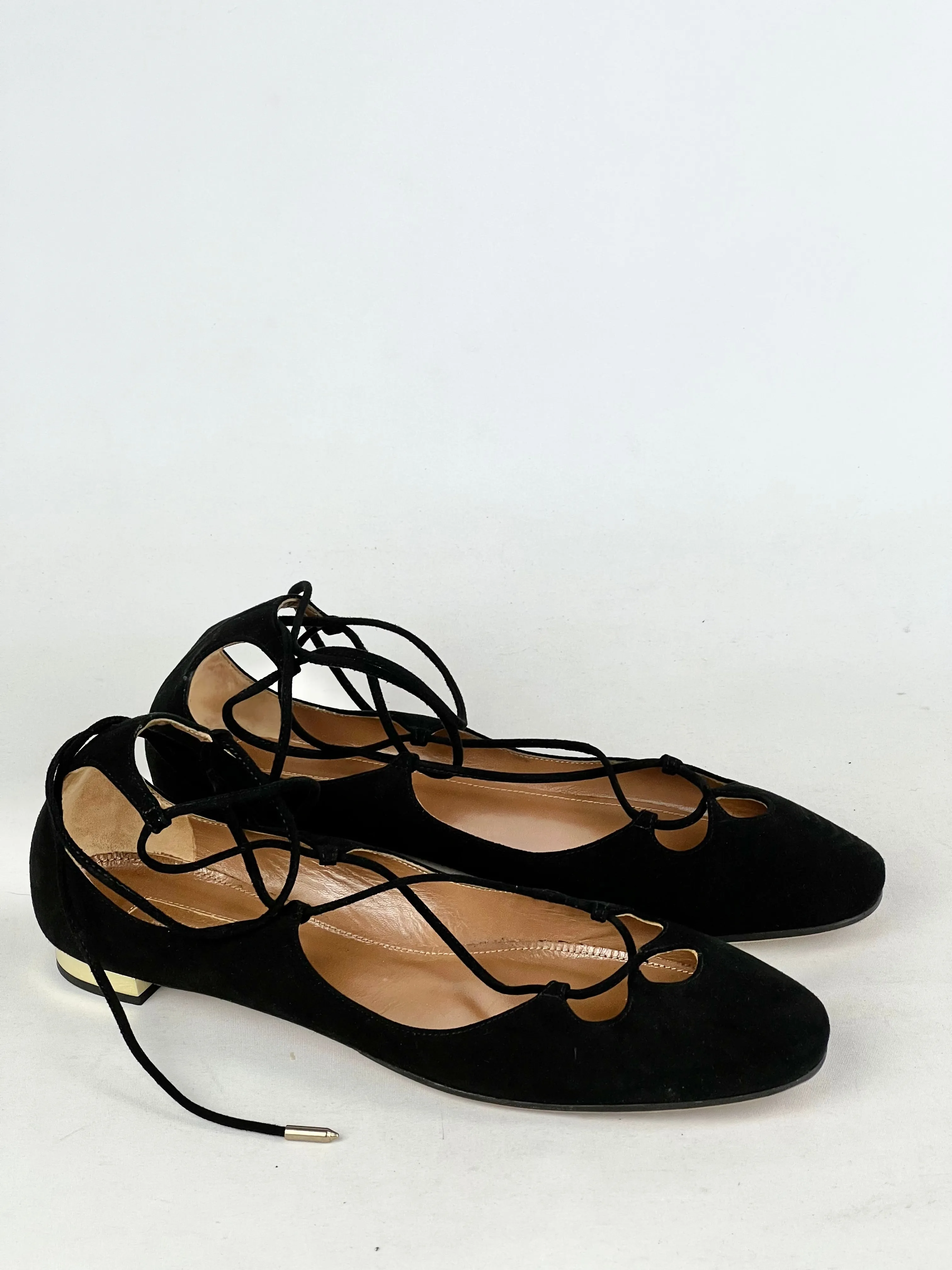 Aquazurra Black Suede Lace Up Ballet Flats - EU39.5