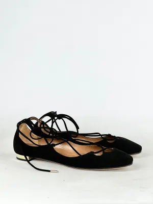 Aquazurra Black Suede Lace Up Ballet Flats - EU39.5