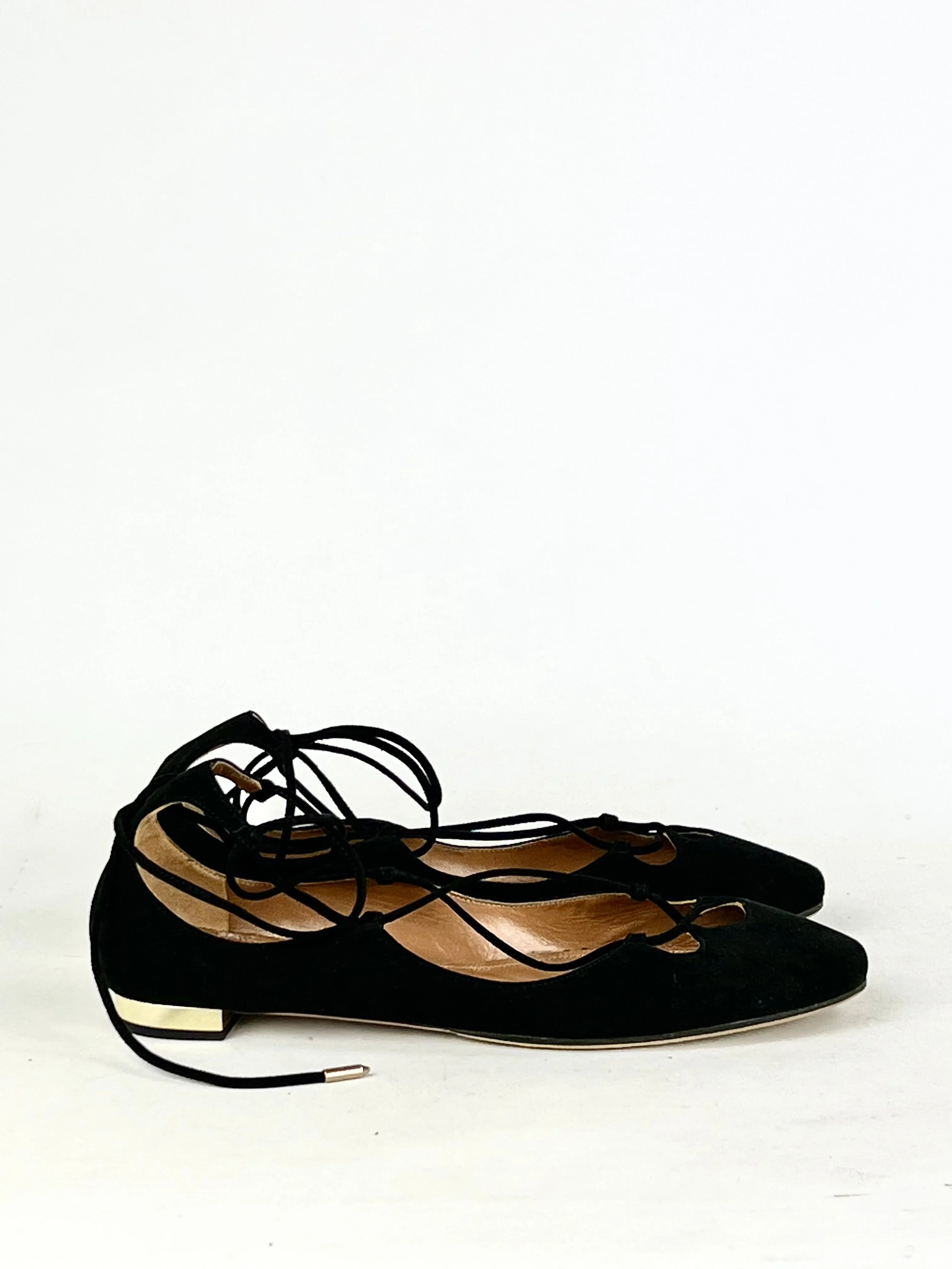 Aquazurra Black Suede Lace Up Ballet Flats - EU39.5