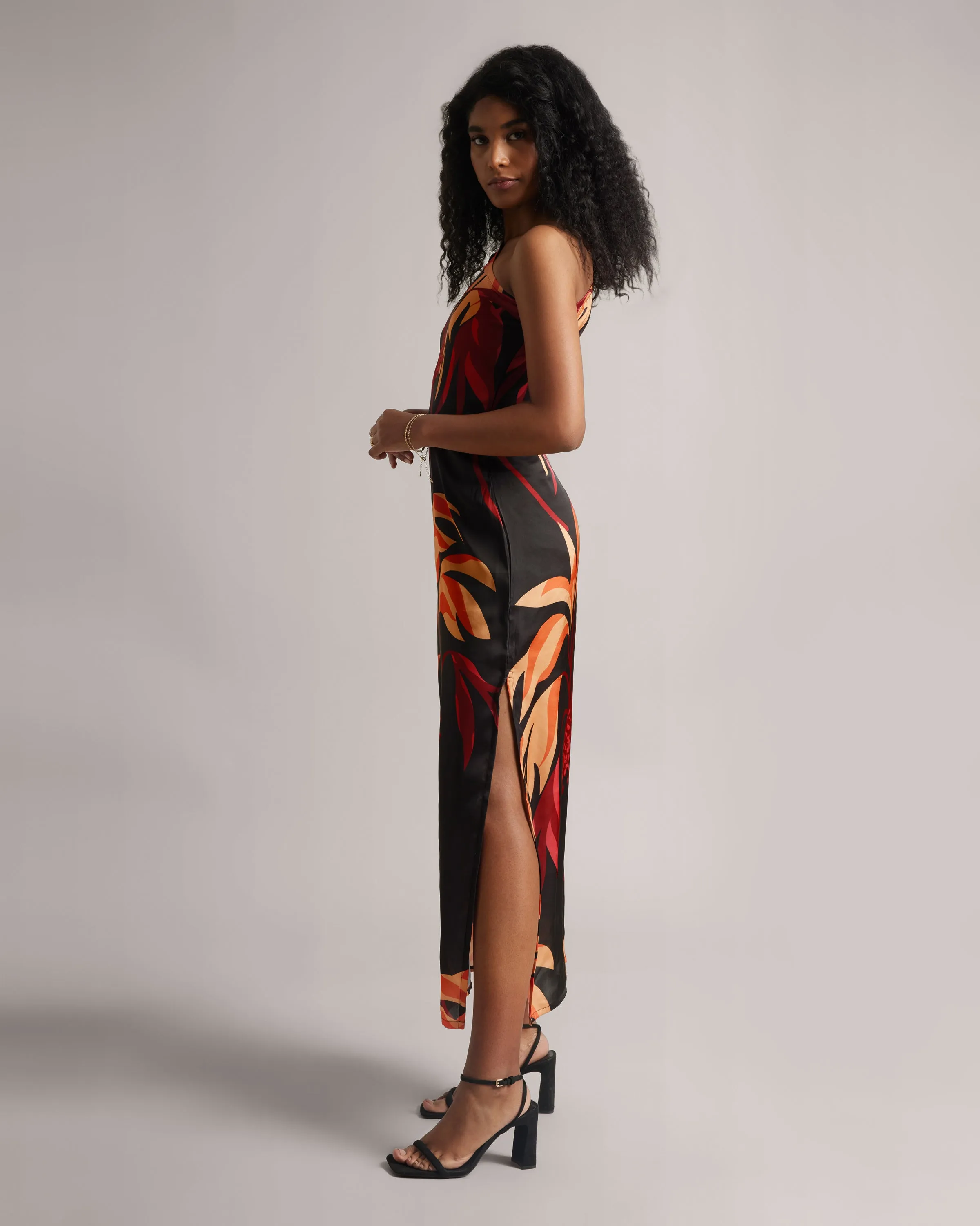 Black Fiery Printed One-Shoulder Slit Maxi Dress