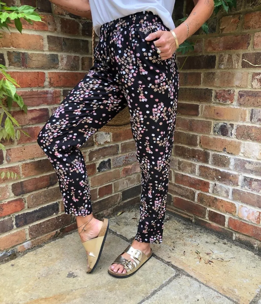 Black Flower Print Linen Blend Trousers