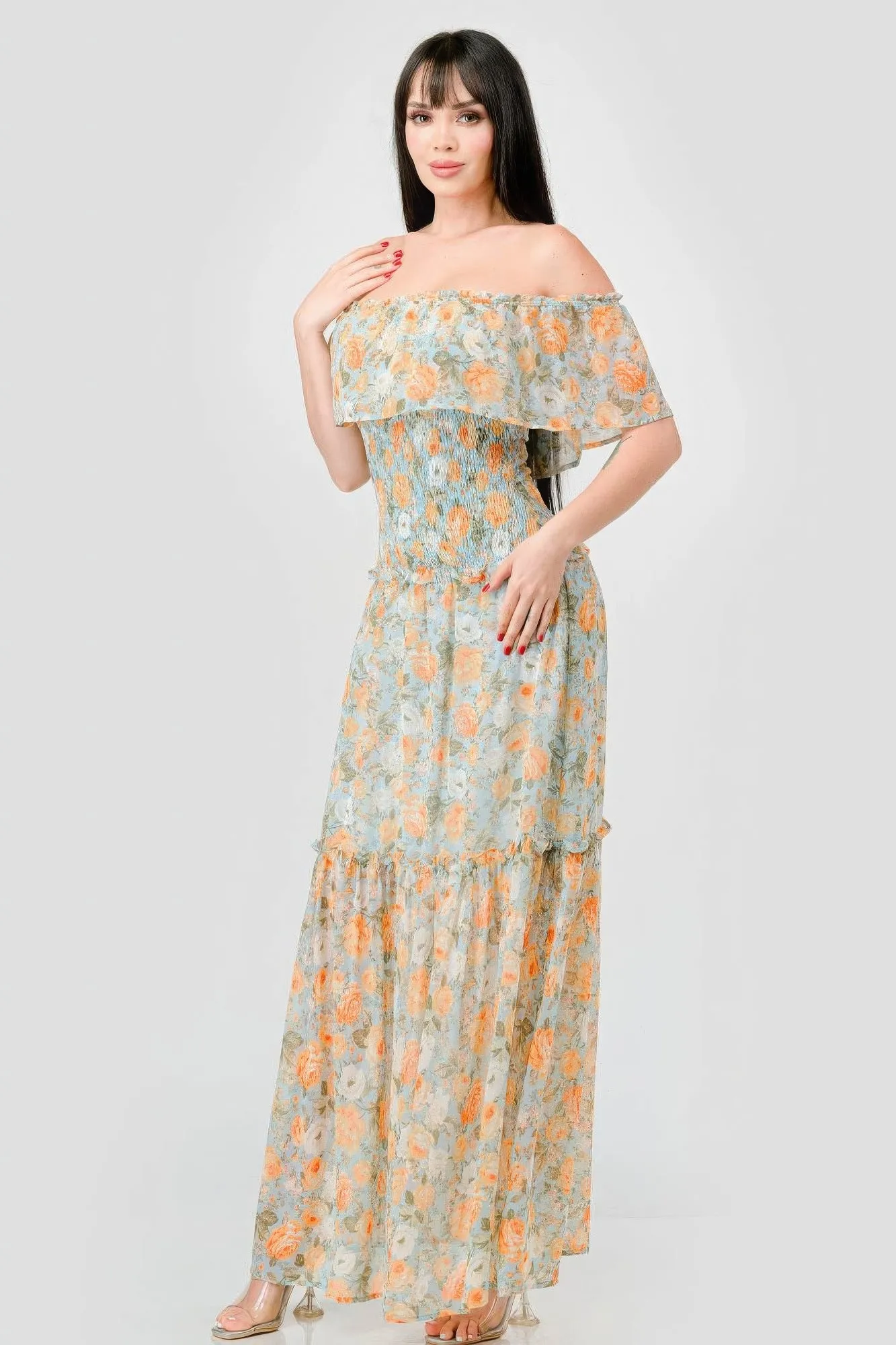 Blue Zone Planet |  Alice's Floral Chiffon Off Shoulder Smocked Back Ruffled Tiered Maxi Dress