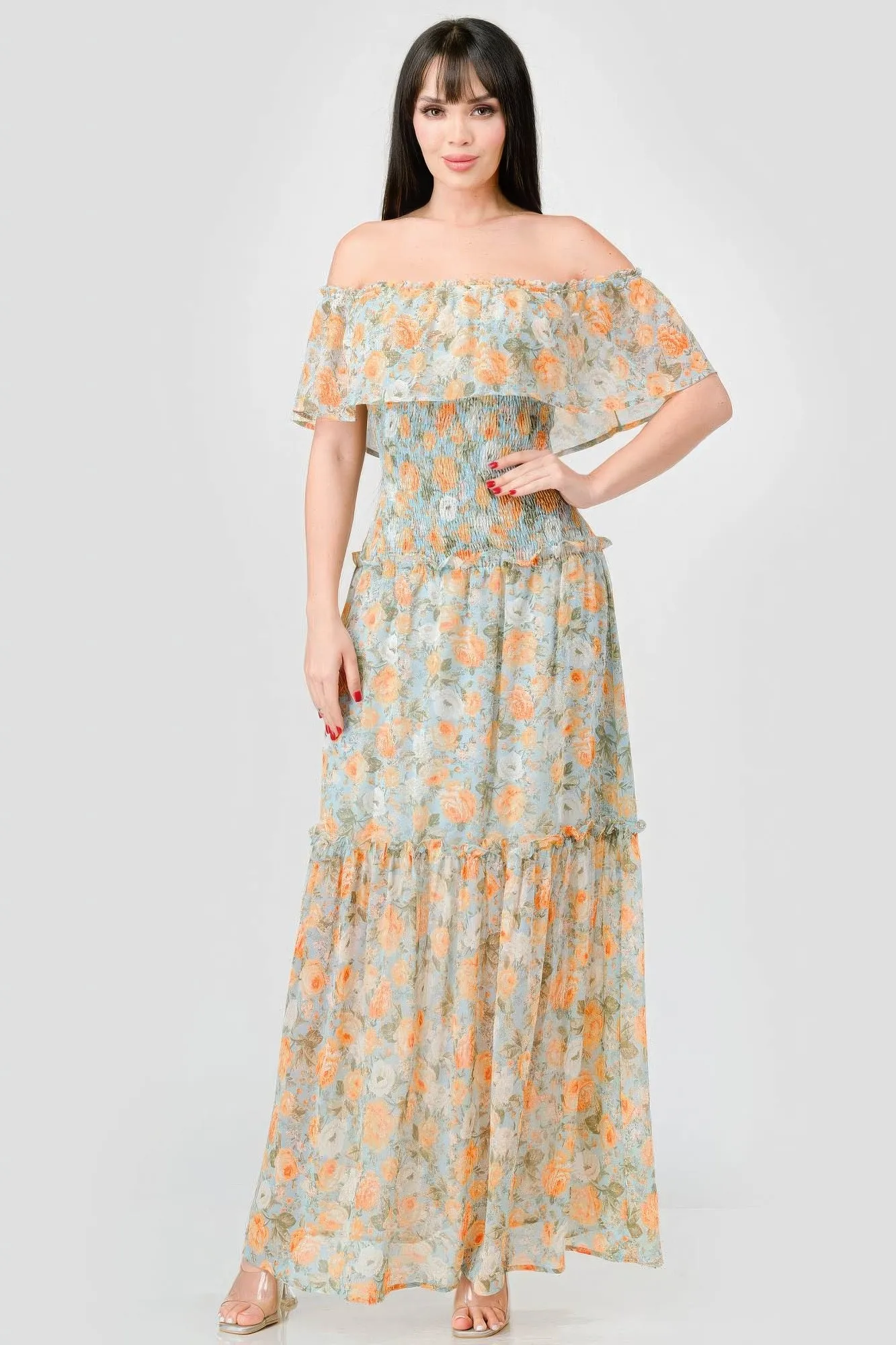 Blue Zone Planet |  Alice's Floral Chiffon Off Shoulder Smocked Back Ruffled Tiered Maxi Dress