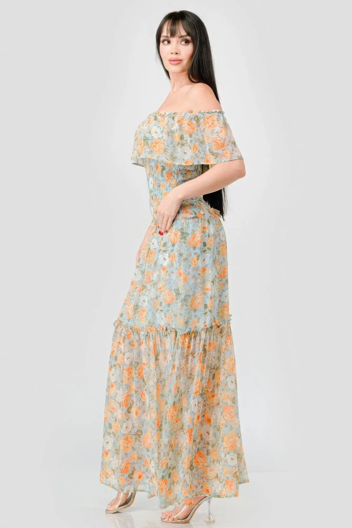 Blue Zone Planet |  Alice's Floral Chiffon Off Shoulder Smocked Back Ruffled Tiered Maxi Dress