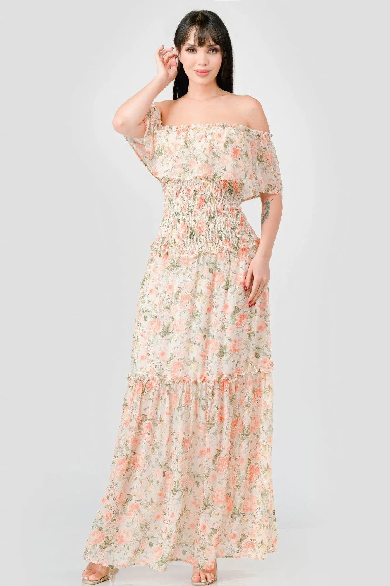 Blue Zone Planet |  Alice's Floral Chiffon Off Shoulder Smocked Back Ruffled Tiered Maxi Dress