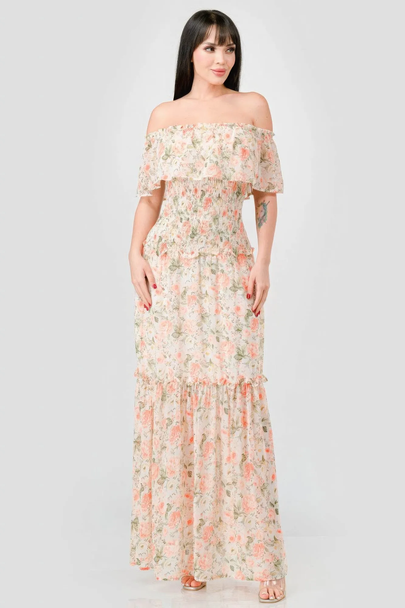 Blue Zone Planet |  Alice's Floral Chiffon Off Shoulder Smocked Back Ruffled Tiered Maxi Dress