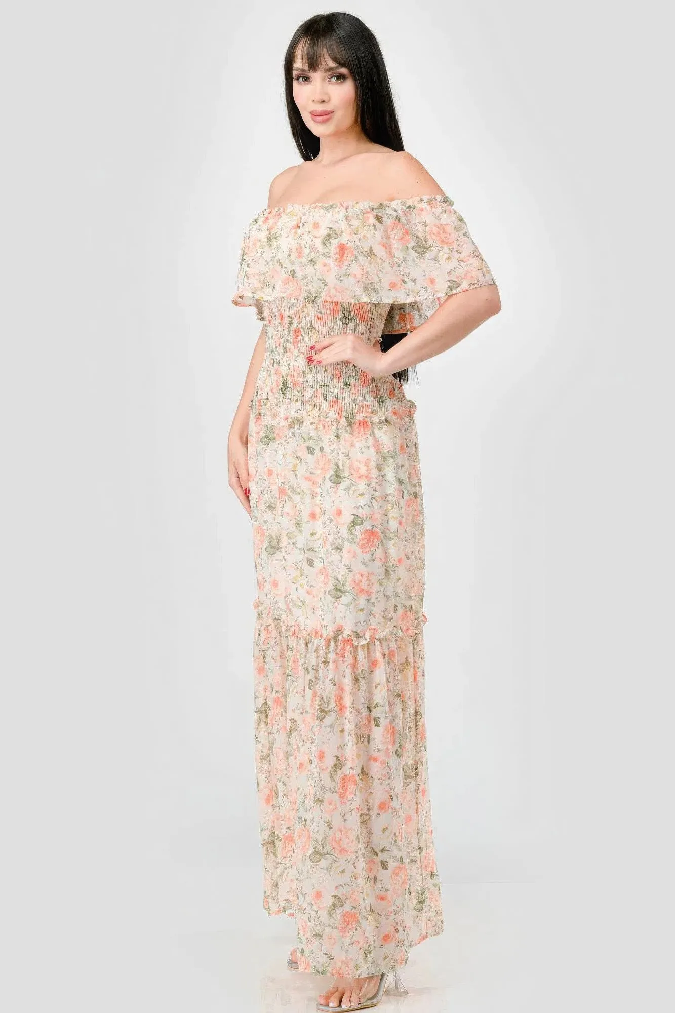 Blue Zone Planet |  Alice's Floral Chiffon Off Shoulder Smocked Back Ruffled Tiered Maxi Dress