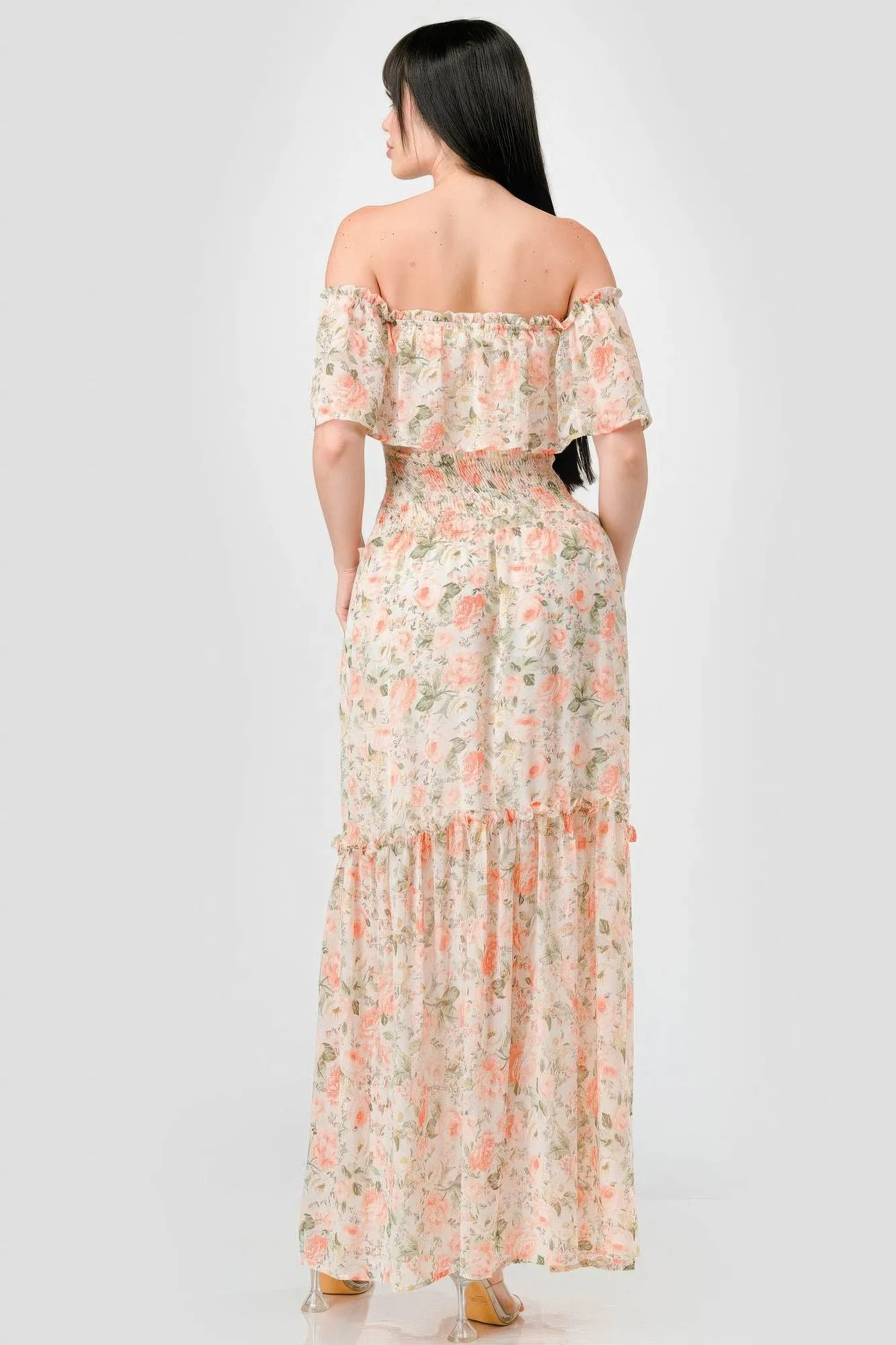 Blue Zone Planet |  Alice's Floral Chiffon Off Shoulder Smocked Back Ruffled Tiered Maxi Dress