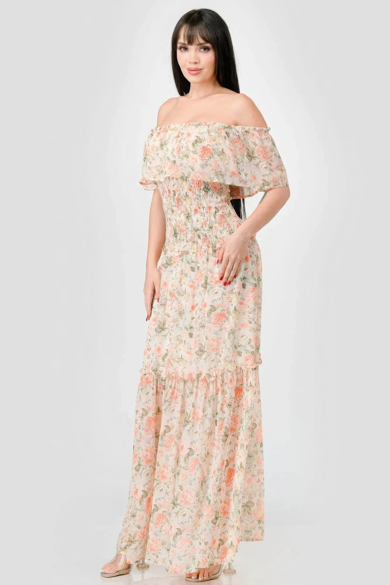 Blue Zone Planet |  Alice's Floral Chiffon Off Shoulder Smocked Back Ruffled Tiered Maxi Dress