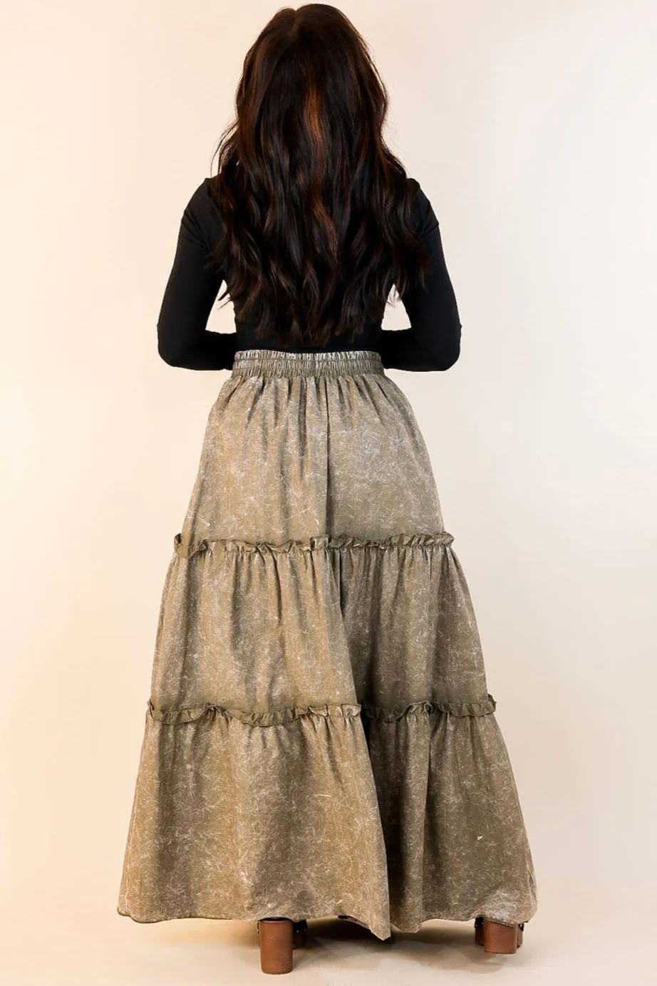 Boho Bliss Acid Wash Tiered Ruffle Maxi Skirt in Olive Green