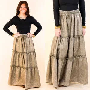 Boho Bliss Acid Wash Tiered Ruffle Maxi Skirt in Olive Green