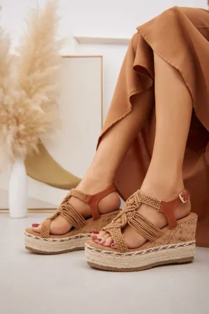 CAMEL KNITTED WOVEN MID HIGH PLATFORM ESPADRILLE WEDGE SANDAL