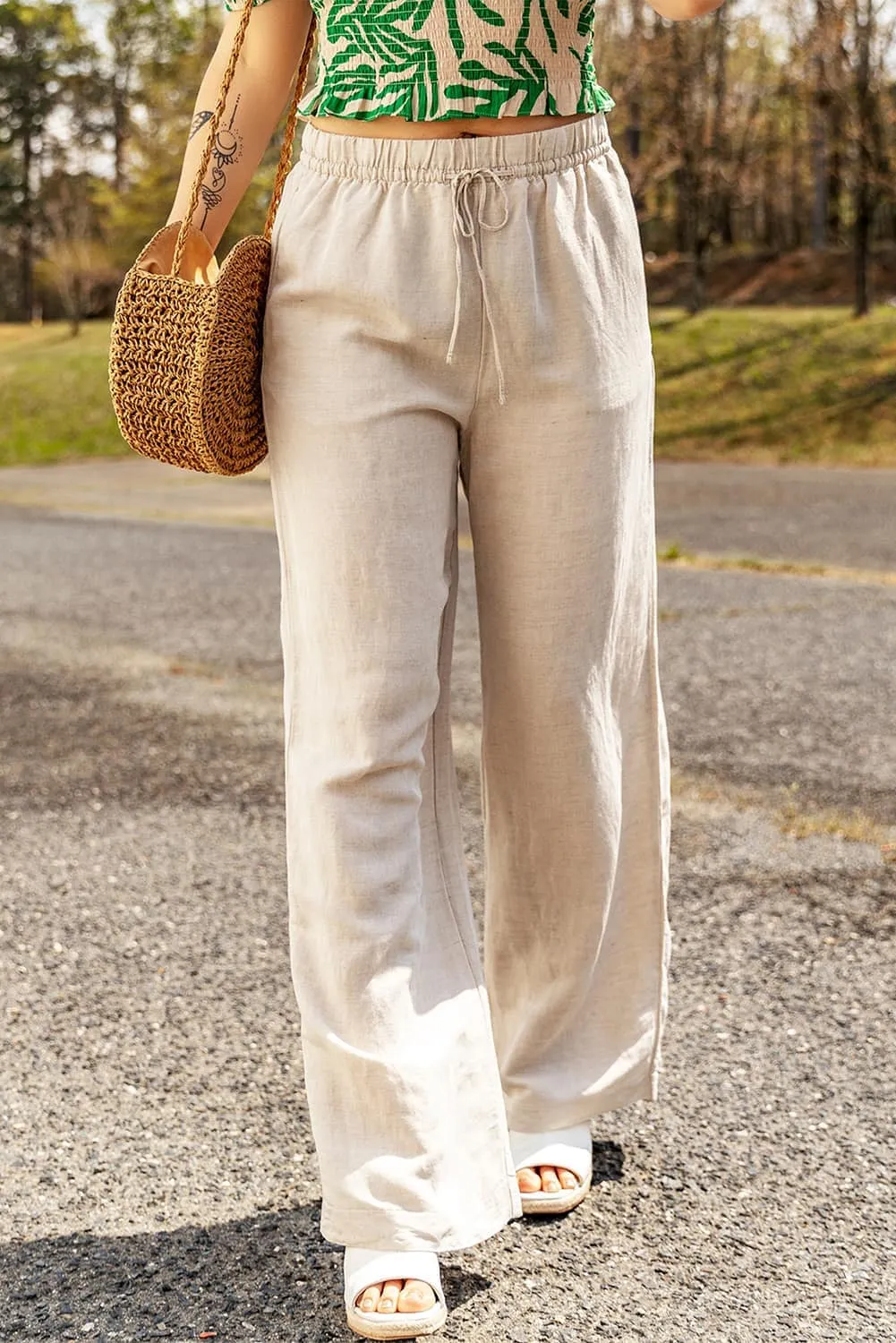 Casual Linen Drawstring Pants in Apricot