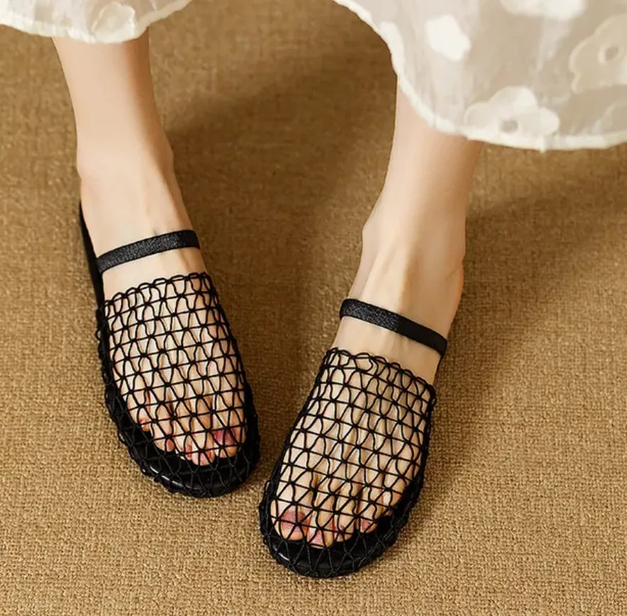 Chic Black Hollow Out Breathable Mesh Platform Slide Sandals OI075