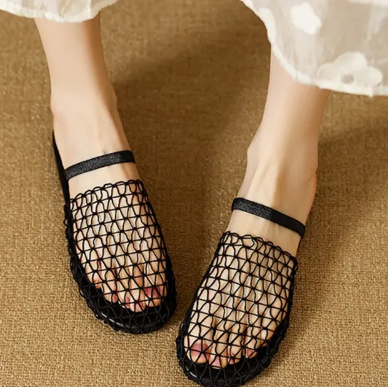 Chic Black Hollow Out Breathable Mesh Platform Slide Sandals OI075