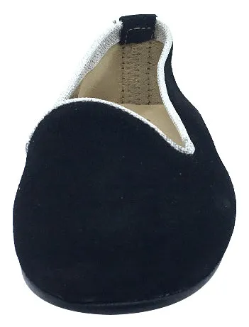 ChildrenChic Girl's Ballet Flat, Black Suede with Silver Piping Trim