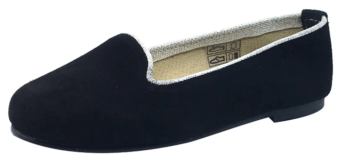 ChildrenChic Girl's Ballet Flat, Black Suede with Silver Piping Trim