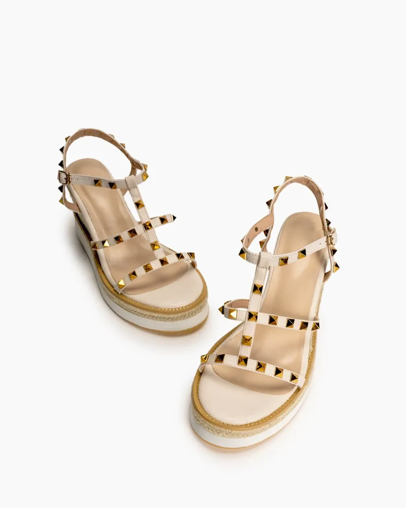 (Clean Up - US 8) Studded Adjustable Ankle Strap Espadrille Wedges Chunky Platform Sandals