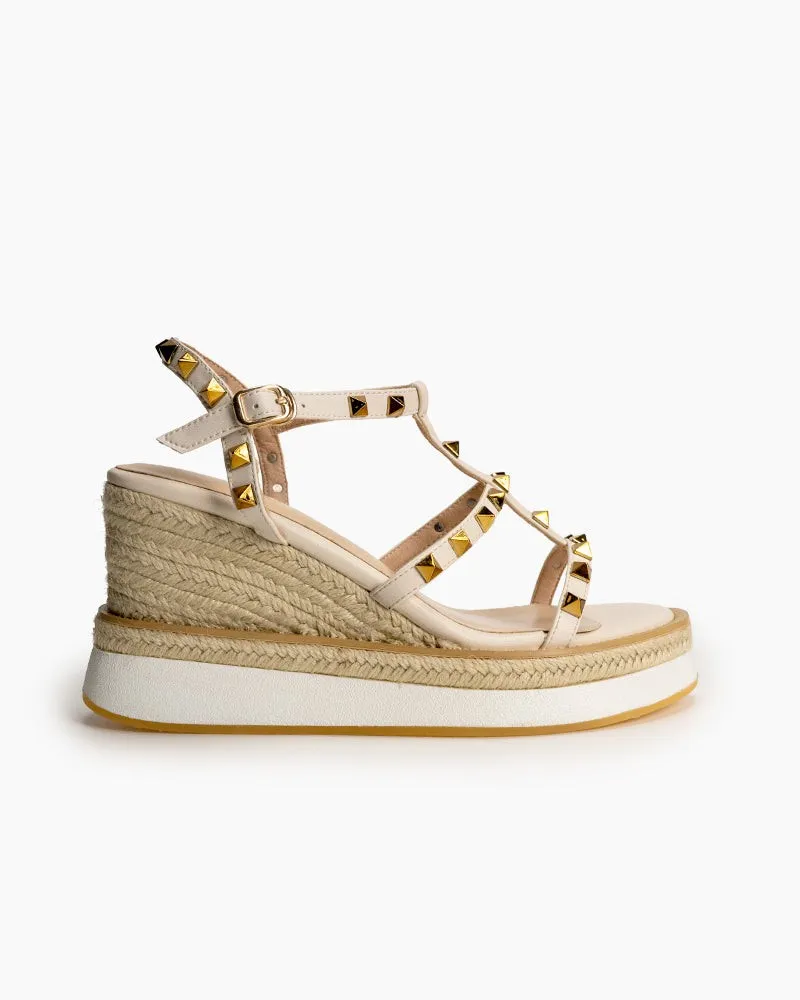 (Clean Up - US 8) Studded Adjustable Ankle Strap Espadrille Wedges Chunky Platform Sandals