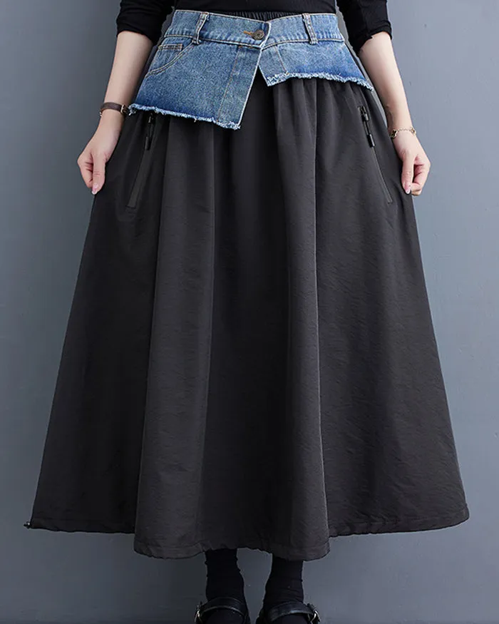 ellazhu Women's Maxi Length Elastic Waist Cowboy Patchwork Dress Skirt GZ147