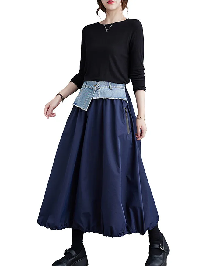 ellazhu Women's Maxi Length Elastic Waist Cowboy Patchwork Dress Skirt GZ147