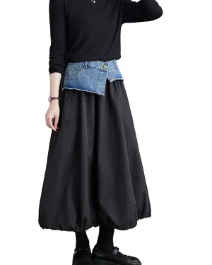 ellazhu Women's Maxi Length Elastic Waist Cowboy Patchwork Dress Skirt GZ147