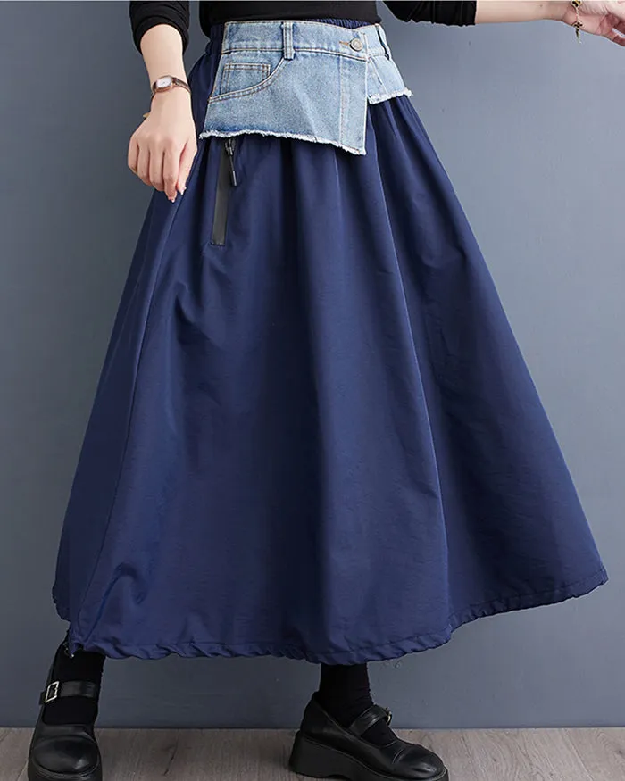 ellazhu Women's Maxi Length Elastic Waist Cowboy Patchwork Dress Skirt GZ147