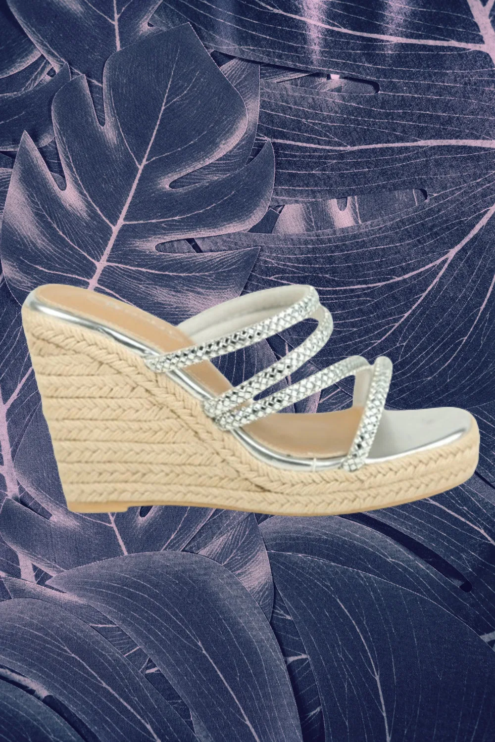 Embellished Strap Espadrille Mules Silver