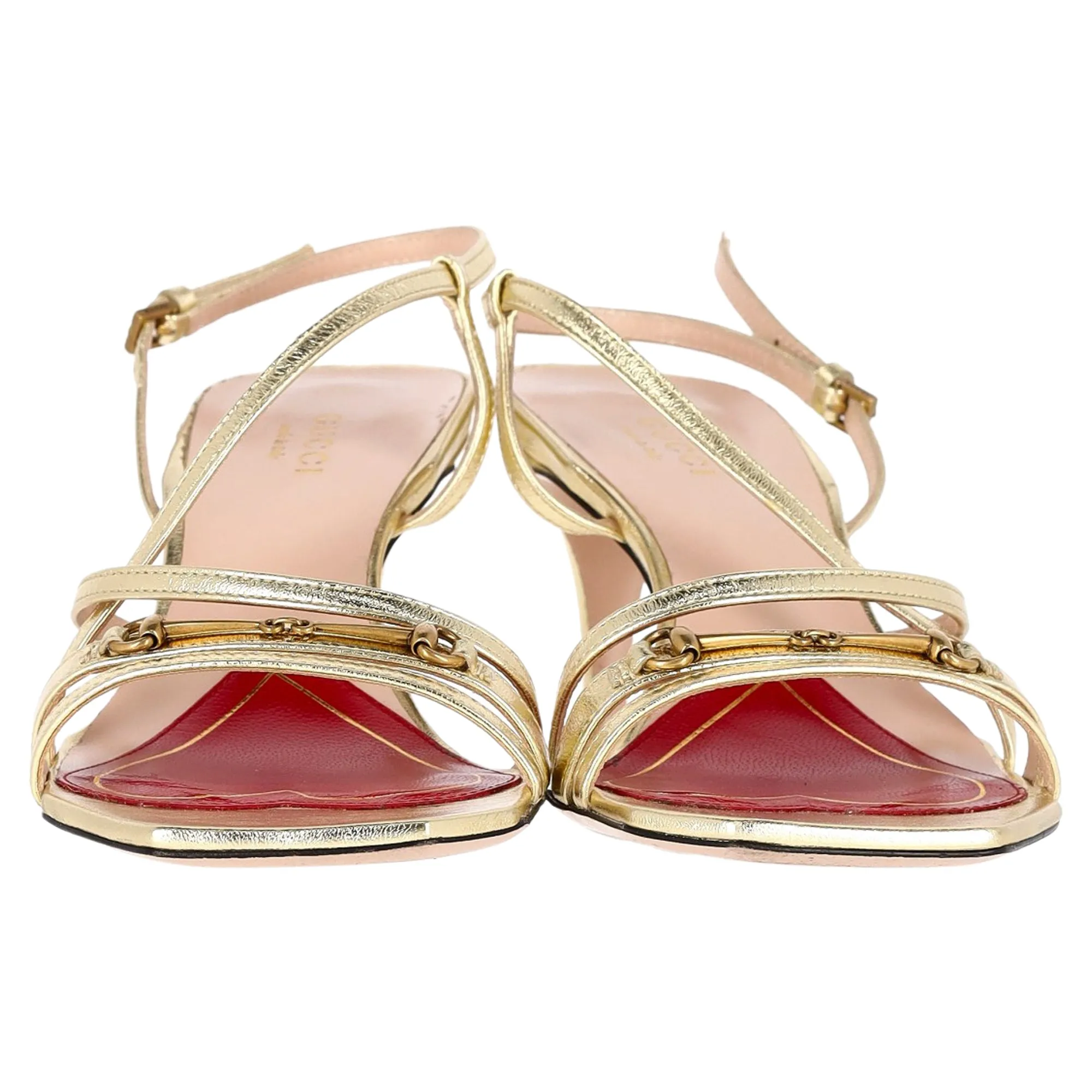 Gucci Horsebit Accent Strappy Sandal Heels in Metallic Gold Leather