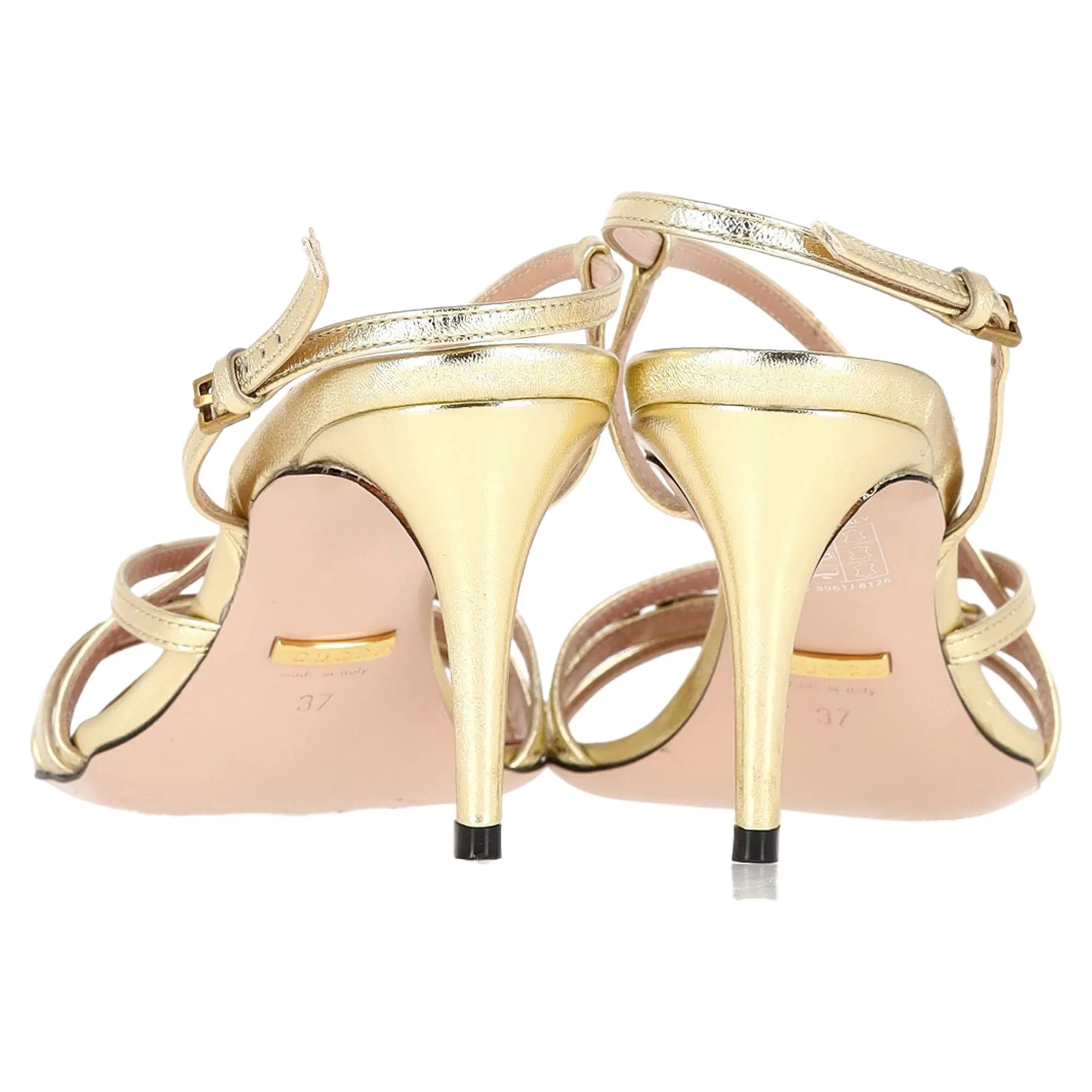 Gucci Horsebit Accent Strappy Sandal Heels in Metallic Gold Leather