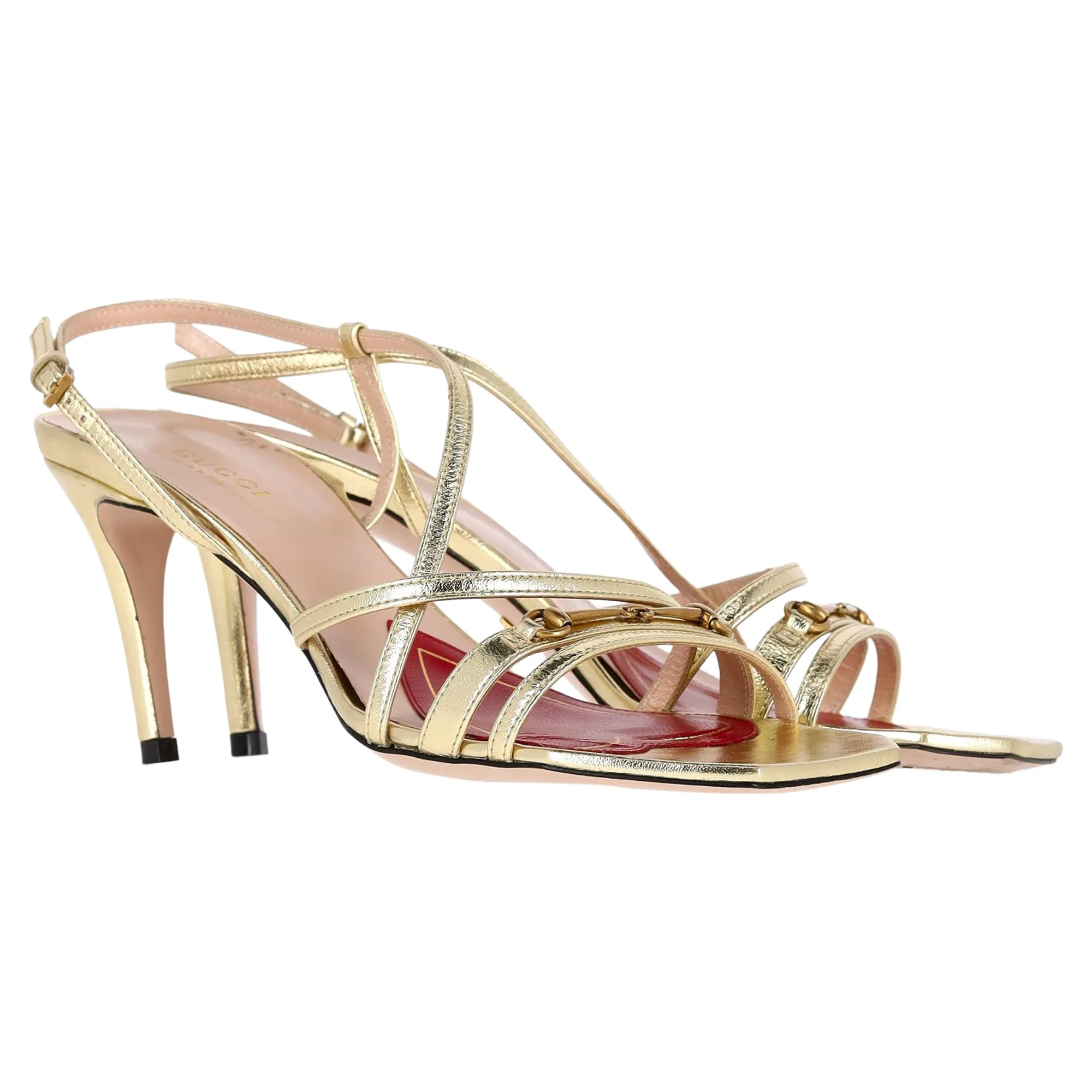 Gucci Horsebit Accent Strappy Sandal Heels in Metallic Gold Leather