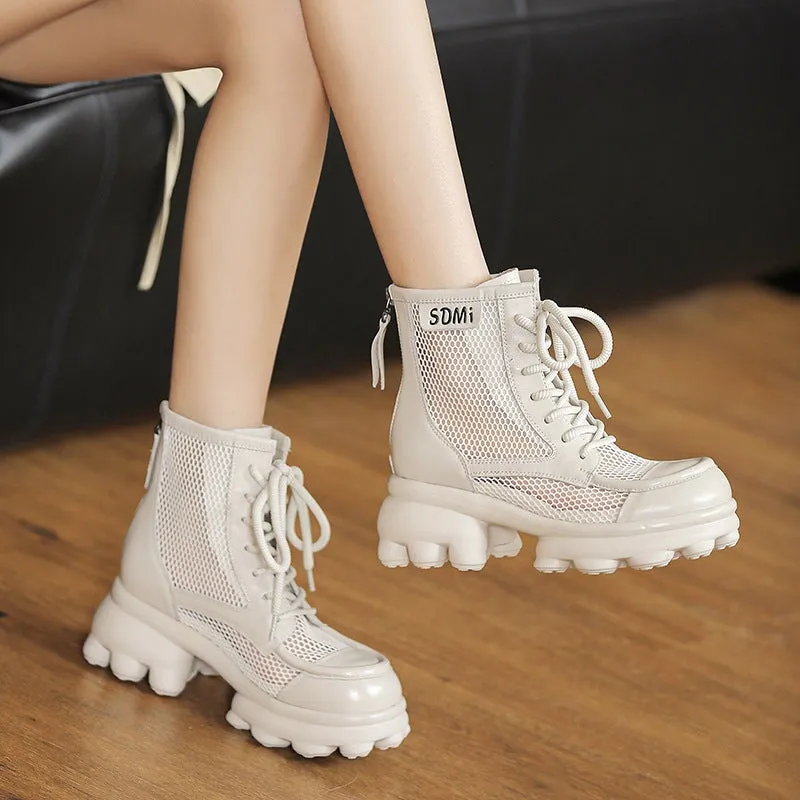 Handmade Genuine Leather Summer Boots Breathable in Off White/Black/Khaki