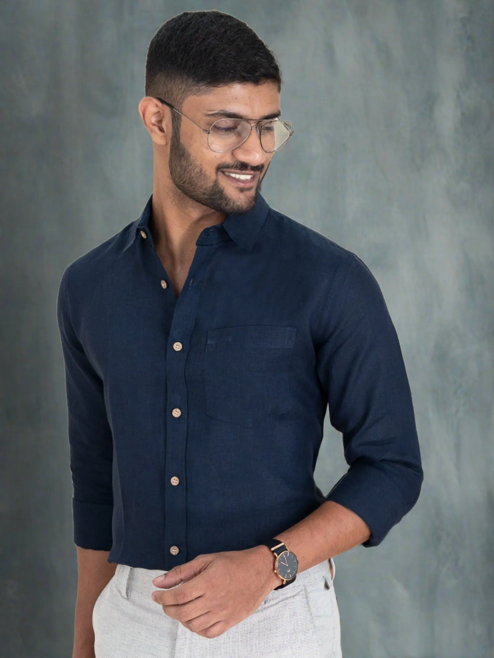 Harvey - Pure Linen Full Sleeve Shirt - Dark Blue