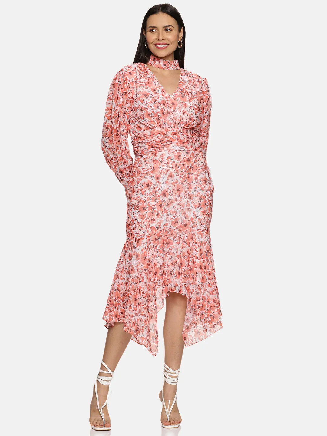 IS.U Floral Orange High Neck Fit And Flare Dress