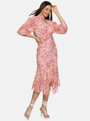 IS.U Floral Orange High Neck Fit And Flare Dress