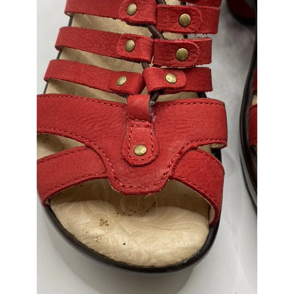 JAMBU Women's Red Leather Sugar Strappy Peep-Toe Back-Zipper Heel Sandals SZ 7.5