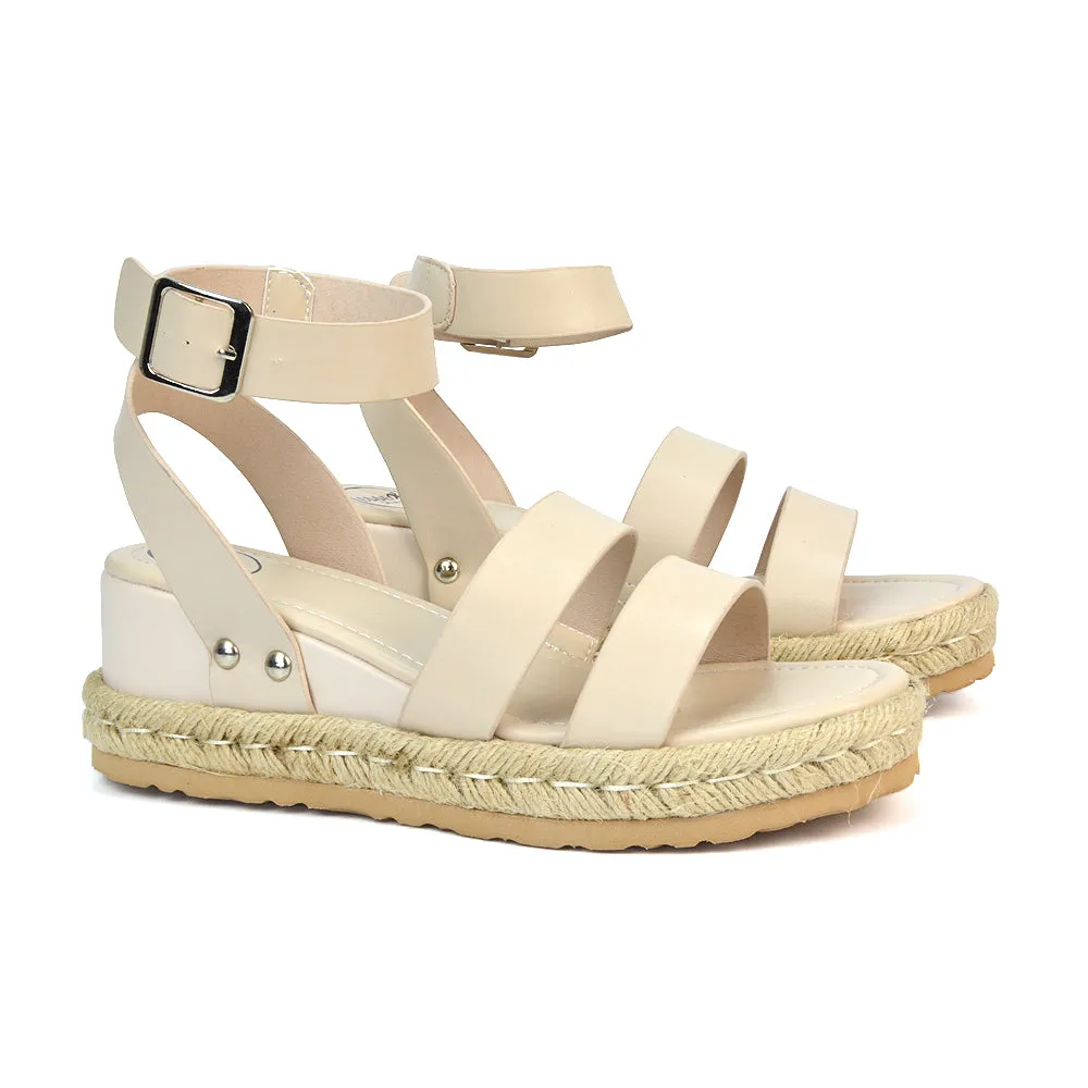 Jorja Platform Wedge Heel Sandals Espadrilles in Nude Synthetic Leather