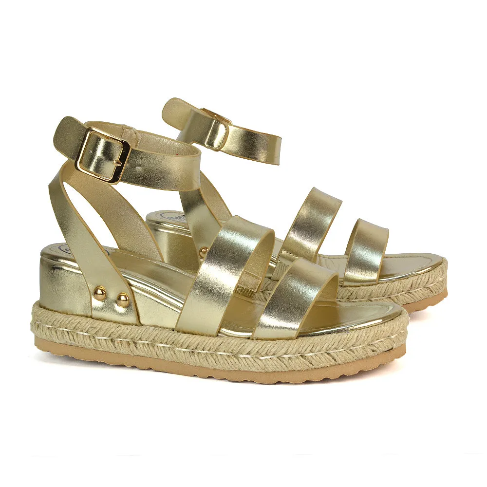 Jorja Platform Wedge Heel Sandals Espadrilles in Nude Synthetic Leather