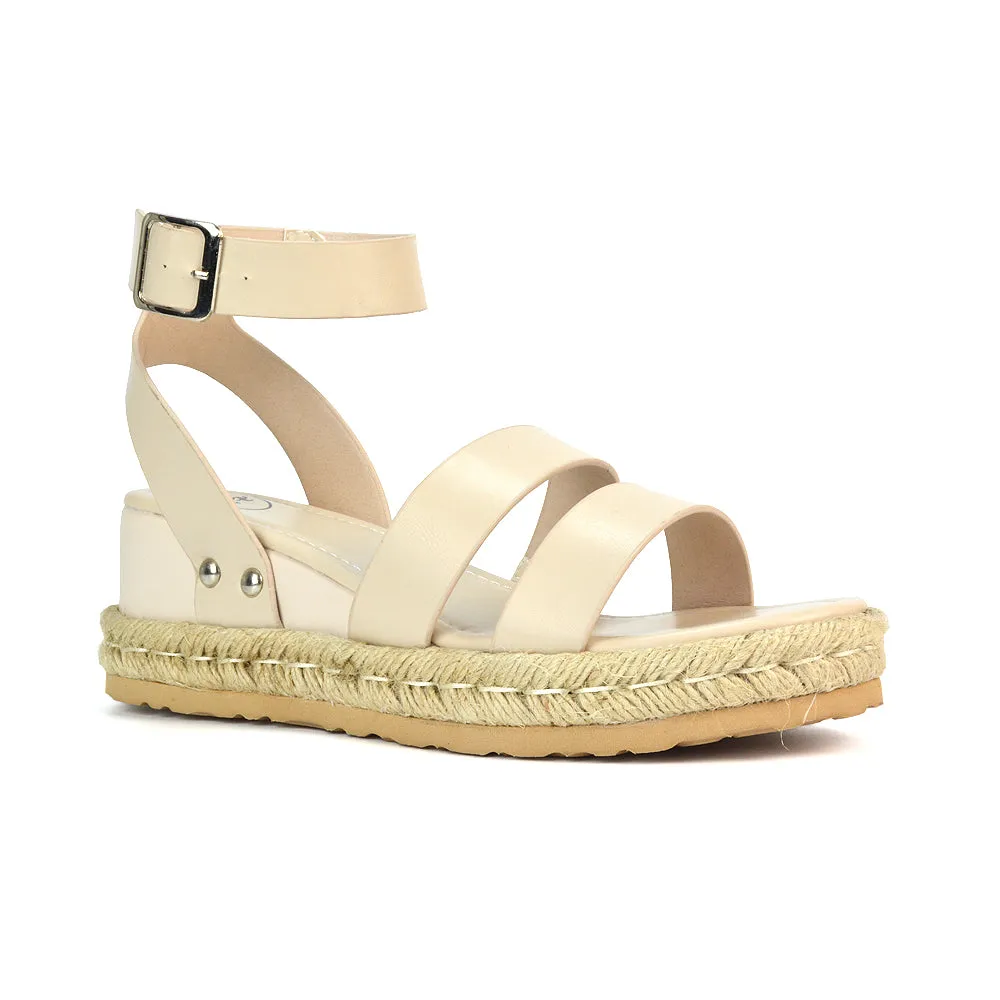 Jorja Platform Wedge Heel Sandals Espadrilles in Nude Synthetic Leather