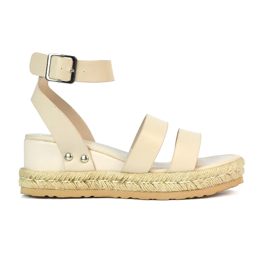 Jorja Platform Wedge Heel Sandals Espadrilles in Nude Synthetic Leather