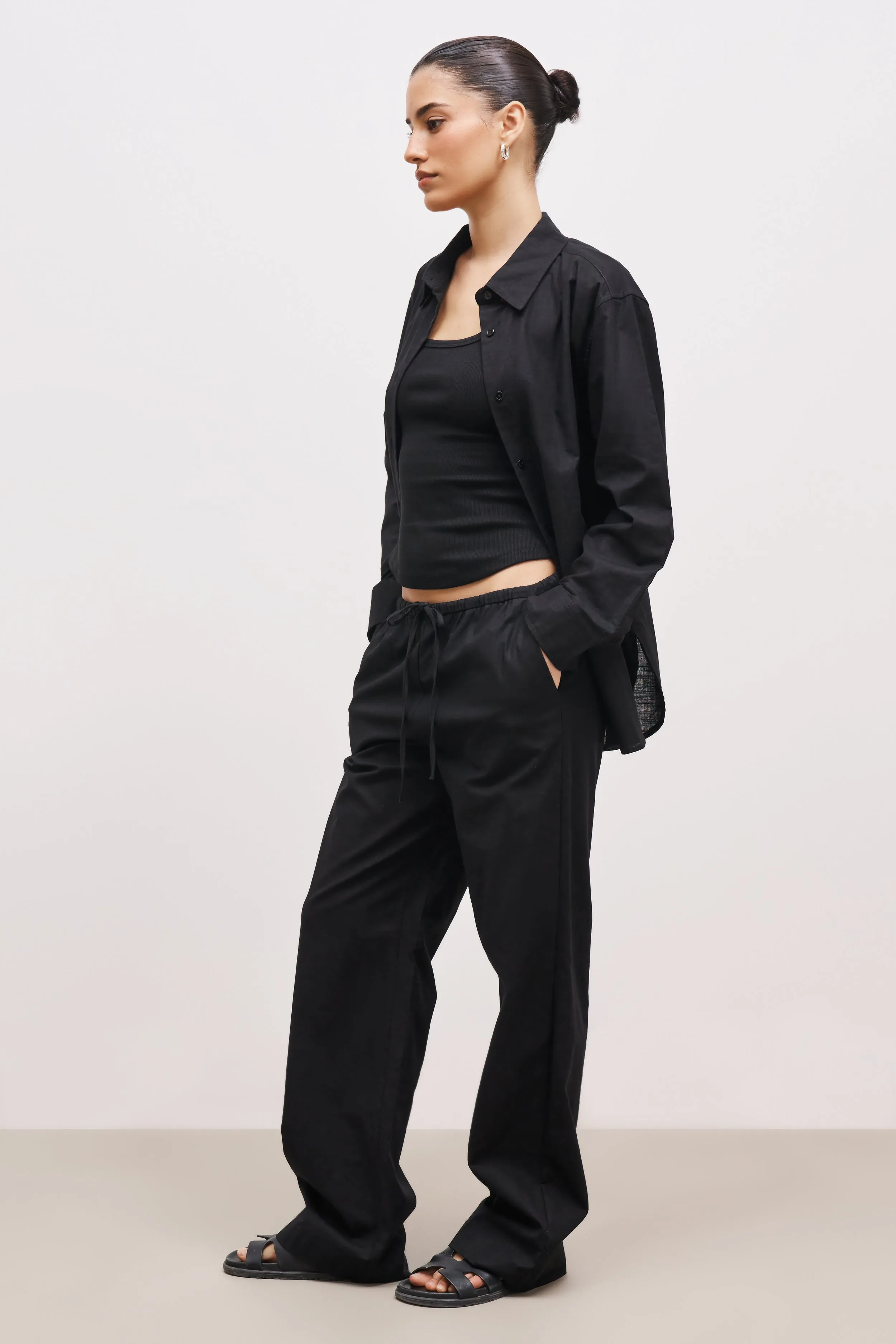 Linen Drawstring Wide Leg Trousers - Black