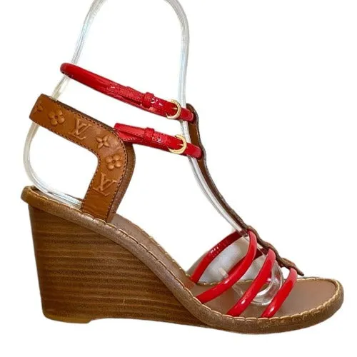 LOUIS VUITTON Brown Monogram Embossed Leather, Red Patent Strappy Wedges Size 37