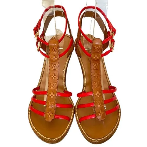 LOUIS VUITTON Brown Monogram Embossed Leather, Red Patent Strappy Wedges Size 37