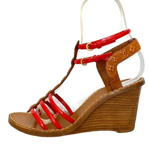 LOUIS VUITTON Brown Monogram Embossed Leather, Red Patent Strappy Wedges Size 37