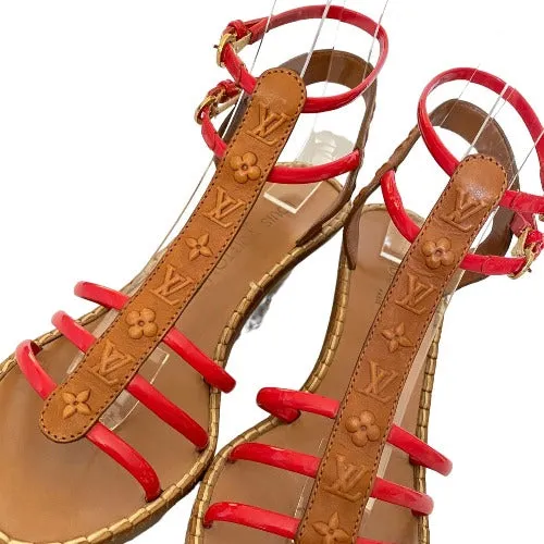 LOUIS VUITTON Brown Monogram Embossed Leather, Red Patent Strappy Wedges Size 37