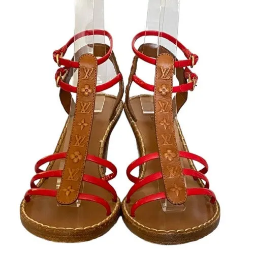 LOUIS VUITTON Brown Monogram Embossed Leather, Red Patent Strappy Wedges Size 37