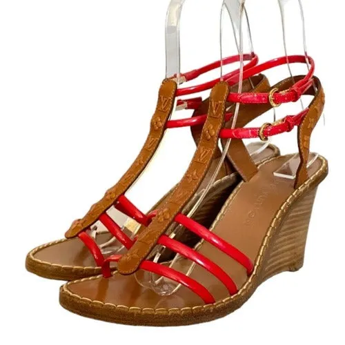 LOUIS VUITTON Brown Monogram Embossed Leather, Red Patent Strappy Wedges Size 37