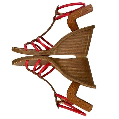 LOUIS VUITTON Brown Monogram Embossed Leather, Red Patent Strappy Wedges Size 37